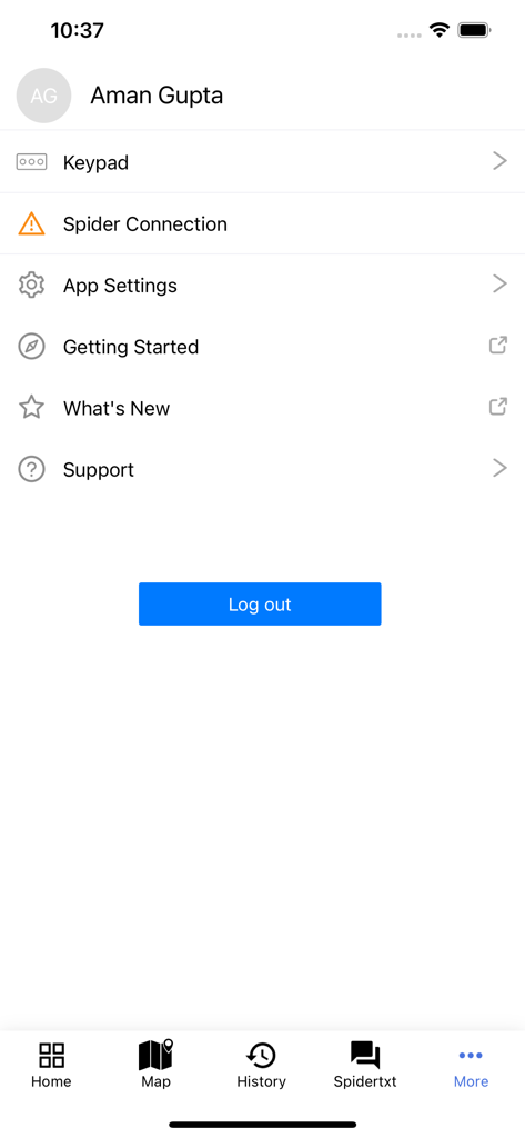 Spidertracks mobile app settings menu with user profile and support options