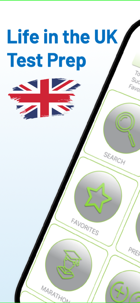 Life in UK: Exam 2026 - Interface of the Life in the UK Test Prep app featuring the British flag and menu options for Search, Favorites, and Marathon mode.