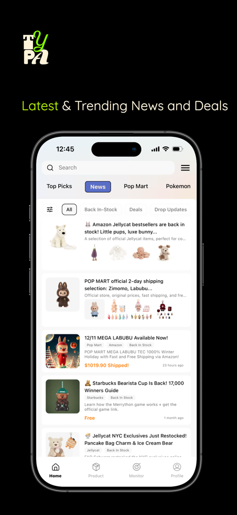 TYPA - Restock Alerts - Screenshot of the TYPA app showing the latest and trending news and deals for collectibles like Labubu and Jellycat