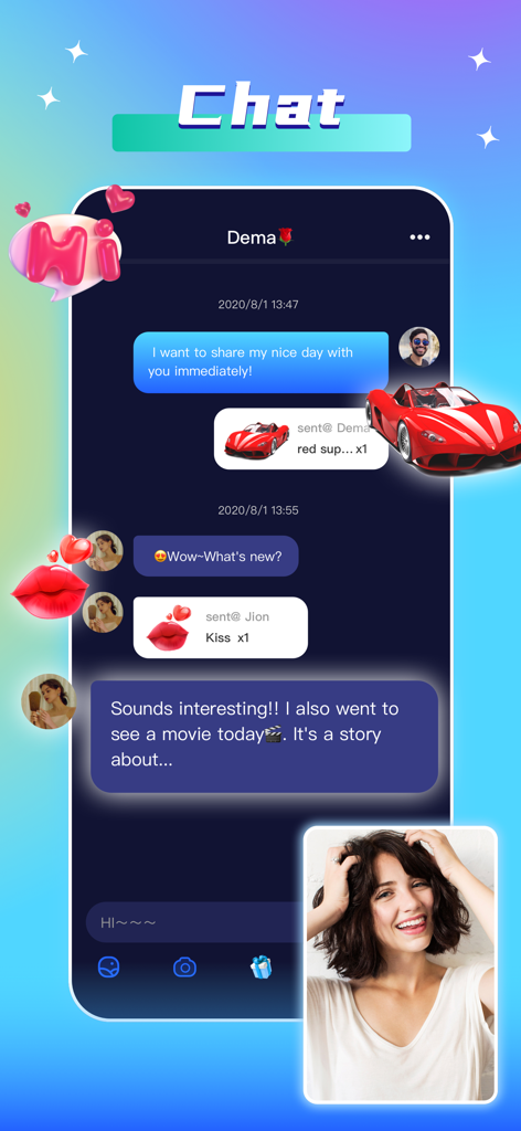 Doli Live Stream & Party - Interface showing private chat with virtual gifts and video call preview in the Doli Live app