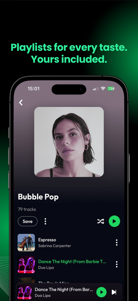 Captura de pantalla de iPhone de la aplicación de música Lyra mostrando una lista de reproducción curada de Bubble Pop con un diseño minimalista en modo oscuro