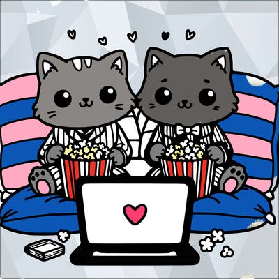 two cats wearing pajamas, sitting on cushions, sharing popcorn, and watching a movie on a laptop