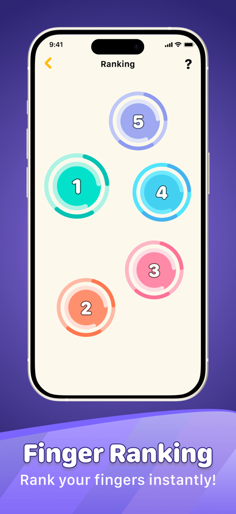 Finger Chooser app screenshot showing the Finger Ranking feature with five numbered colored circles