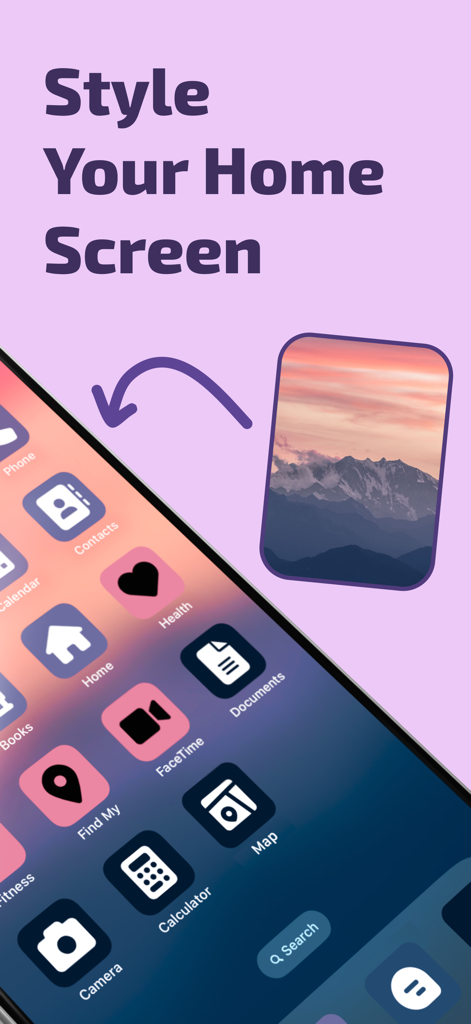 iPhone screen showing custom pink and purple app icons styled after a mountain sunset photo