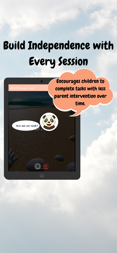 ADHD Focus Timer - ADHD Focus Timer app interface showing a panda character prompting a child to stay on task to build independence.