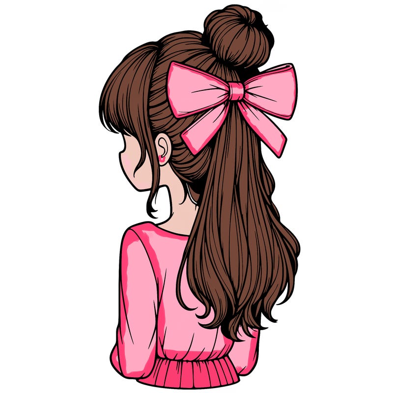 realistic girl  with hip length hair a bun and a big bow on the back of head