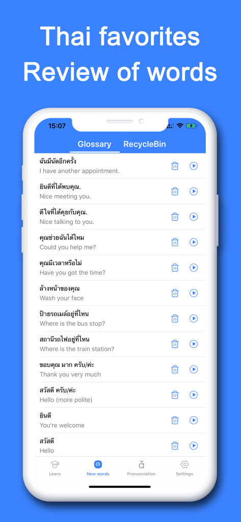 Screenshot dell'app Thai Helper che mostra un elenco di glossario di frasi tailandesi e traduzioni inglesi per la revisione del vocabolario