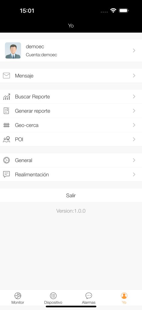 Pantalla de perfil de usuario de la aplicación La Casa Del GPS mostrando opciones de menú para informes, geocercas y configuración de cuenta en español.