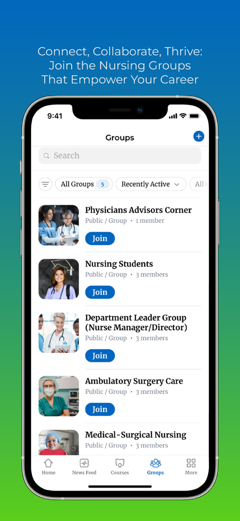 간호 학생 및 부서 리더 그룹과 같은 다양한 전문 간호 그룹과 참여 버튼을 보여주는 모바일 앱 화면