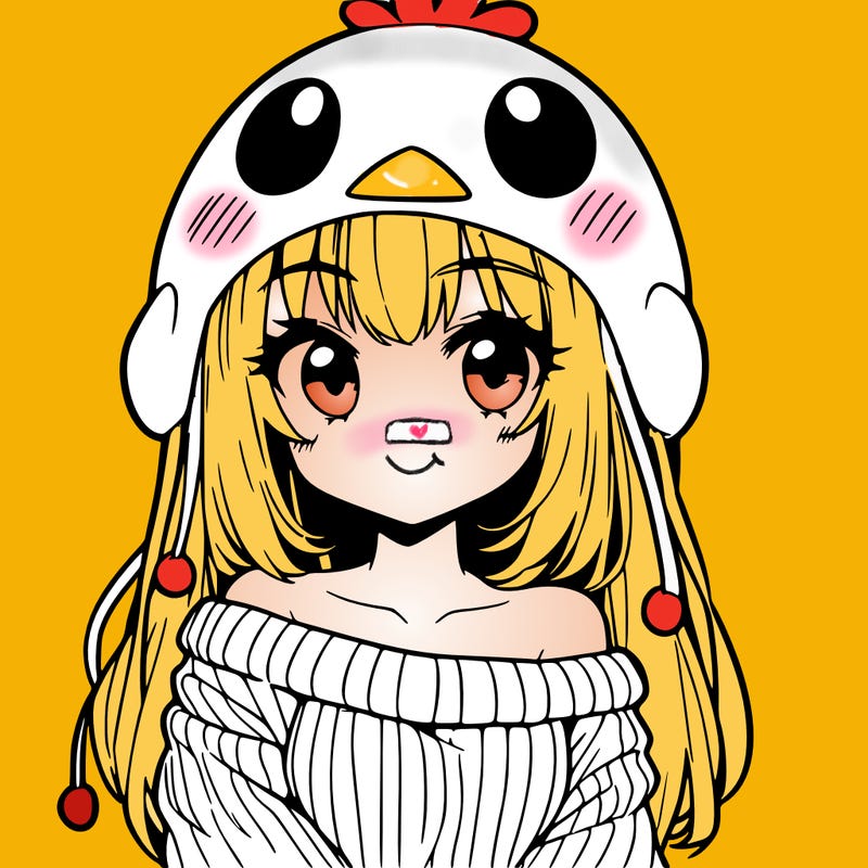 anime girl with chick shaped hat with sweater with bare shoulders with bangs covering them one eye with low tail