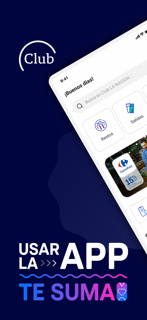 Club LA NACION - Interfaz de la app Club LA NACION mostrando categorías de descuentos para restaurantes y tiendas