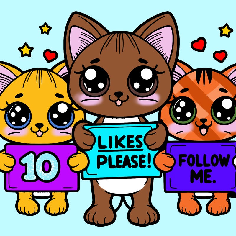 3 kawaii kittens: one of the kittens is holding a sign that says 10 likes please, the second kitten is making googly eyes and finally the third kitten is holding a sign that says follow me.