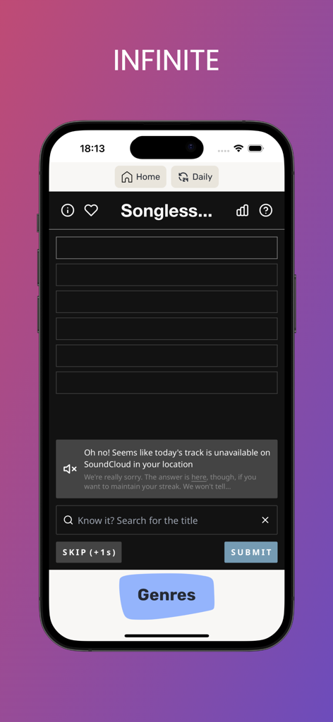 Songless - Songless music guessing game infinite mode screen featuring a search bar for song titles and a skip button.