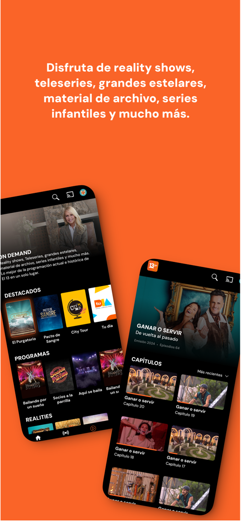 13 GO - 13 GO mobile app interface showing a catalog of Chilean reality shows and TV series on a vibrant orange background.
