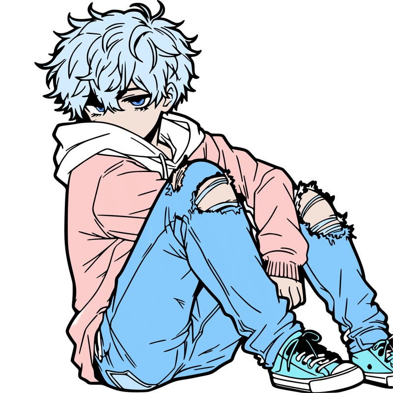 a male hoddie ripped jeans messy hair anime
