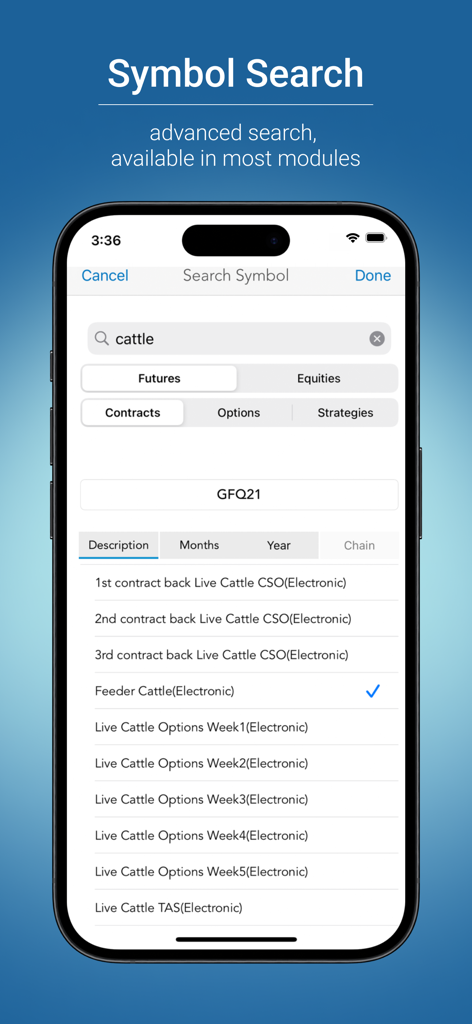 CME Group E-quotes - CME Group E-quotes 모바일 앱 심볼 검색 화면에 소고기 선물 및 옵션 계약이 표시됩니다.
