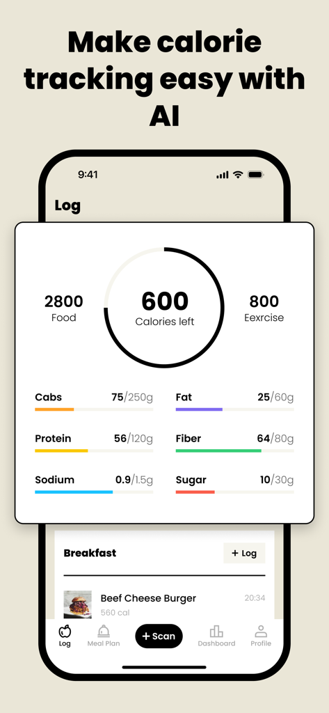 Interface de l'application Food Analysis Pal montrant un tableau de bord de suivi des calories par IA avec répartition des nutriments et journal des repas.