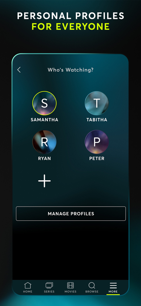 STARZ - Selection screen for personal profiles on the STARZ mobile app