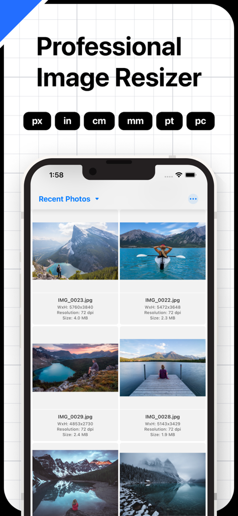 Resize Photos· - プロの写真リサイザーアプリ。技術的なメタデータと測定単位のオプションが表示された画像ギャラリーを表示。