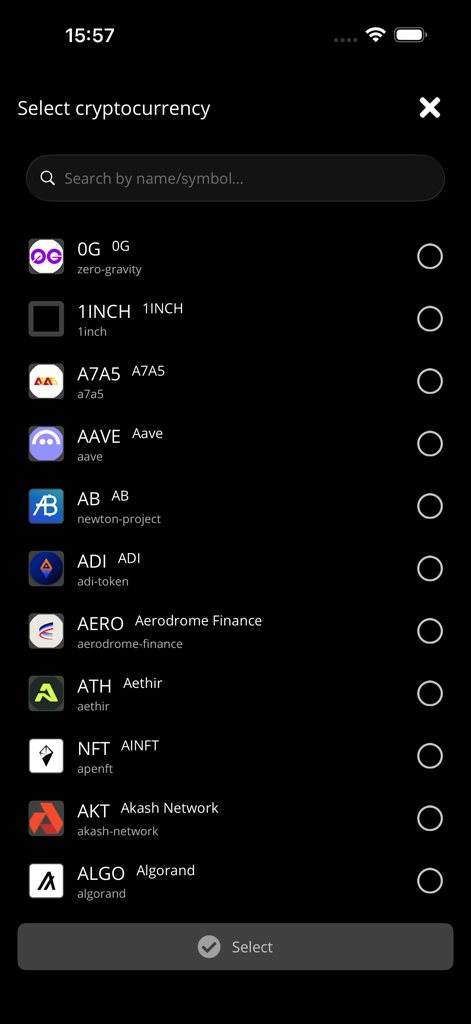 Coin & Currency Converter - Cryptocurrency selection screen with a searchable list of coins and dark mode interface