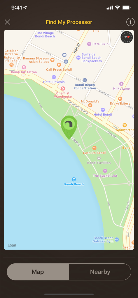 Vue cartographique dans l'application Nucleus Smart montrant l'emplacement d'un processeur de son cochléaire près de Bondi Beach.