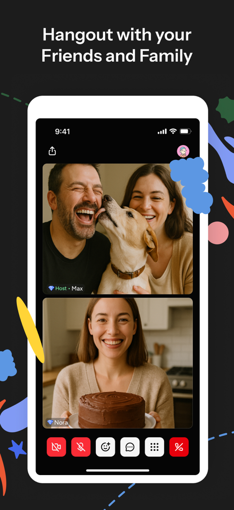 Smartphone displaying Huddle01 video call between a couple with their dog and a woman with a cake.