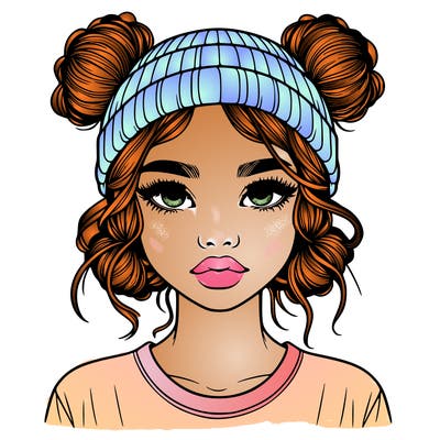 realistic girl with buns in her hair with a beanie on