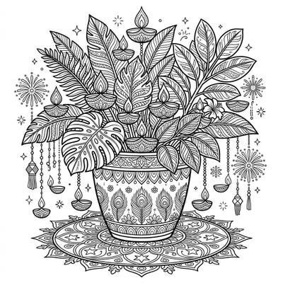 Immerse yourself in the festive spirit of Diwali with this unique coloring page featuring lush foliage houseplants. Adorned with delicate diyas and intricate patterns, it's a perfect blend of nature's beauty and celebratory tradition.