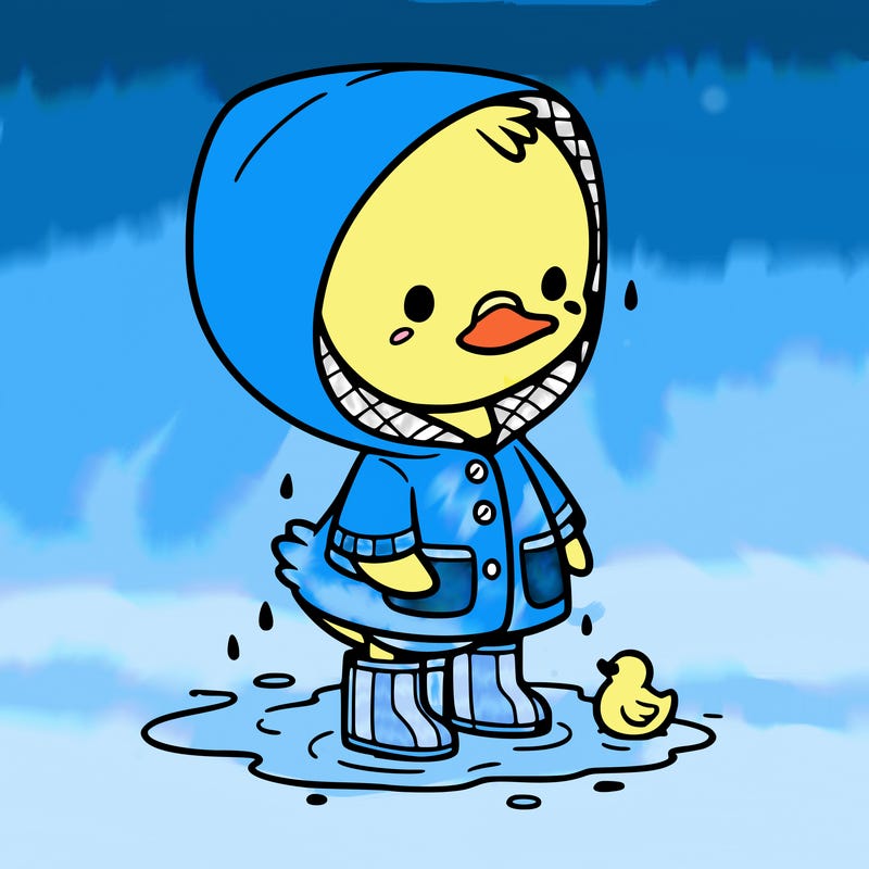 baby duck in a rain coat and boots, in a puddle while it’s raining