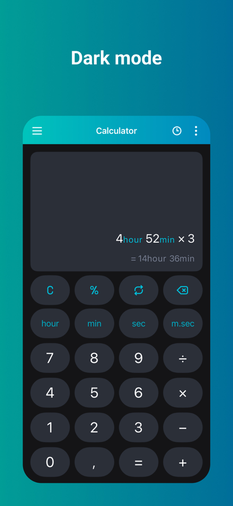 Time Calculator app showing dark mode interface with a calculation of hours and minutes