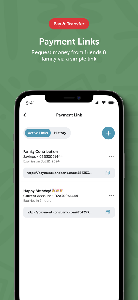 Sterling OneBank mobile app interface showing the payment links feature to request money from friends and family
