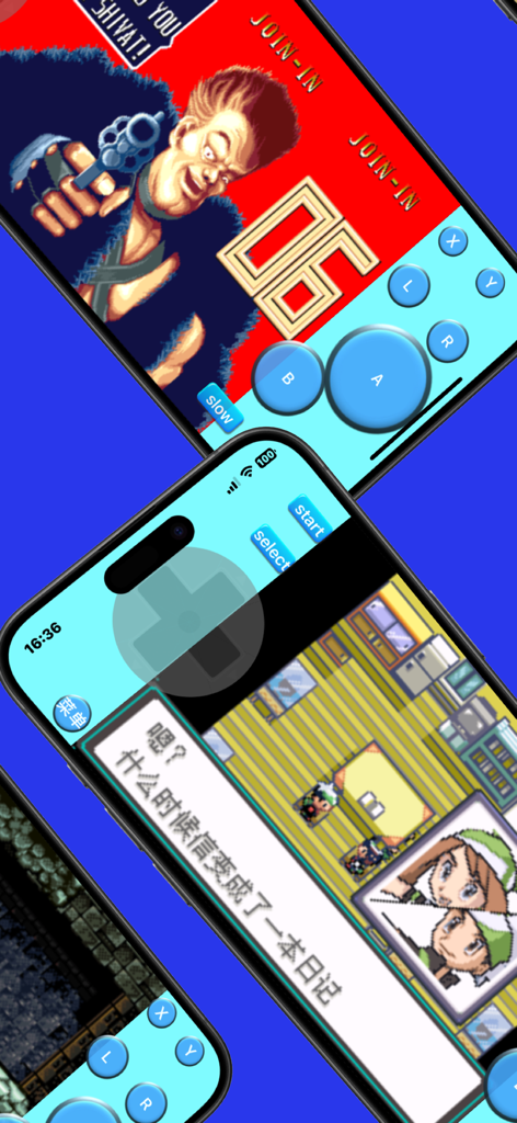 iPhone screen displaying retro game emulator with virtual buttons and classic gameplay