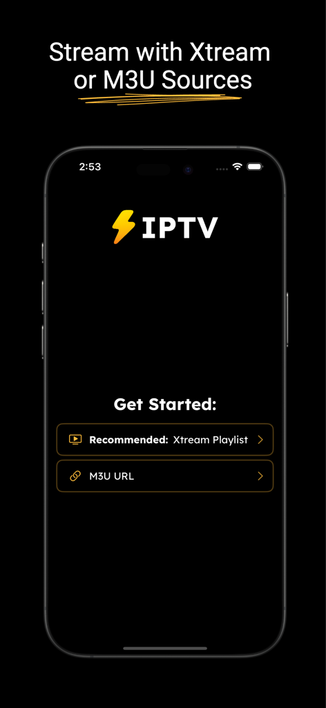IPTV Player: M3U & Xtream - Bolt IPTV start screen showing Xtream Playlist and M3U URL setup options