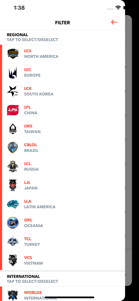 Filterbildschirm mit einer Liste regionaler League of Legends E-Sport-Ligen wie LCS, LEC und LCK.