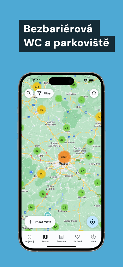 VozejkMap - VozejkMap app interface showing a map of Prague with clustered markers for wheelchair-accessible toilets and parking.