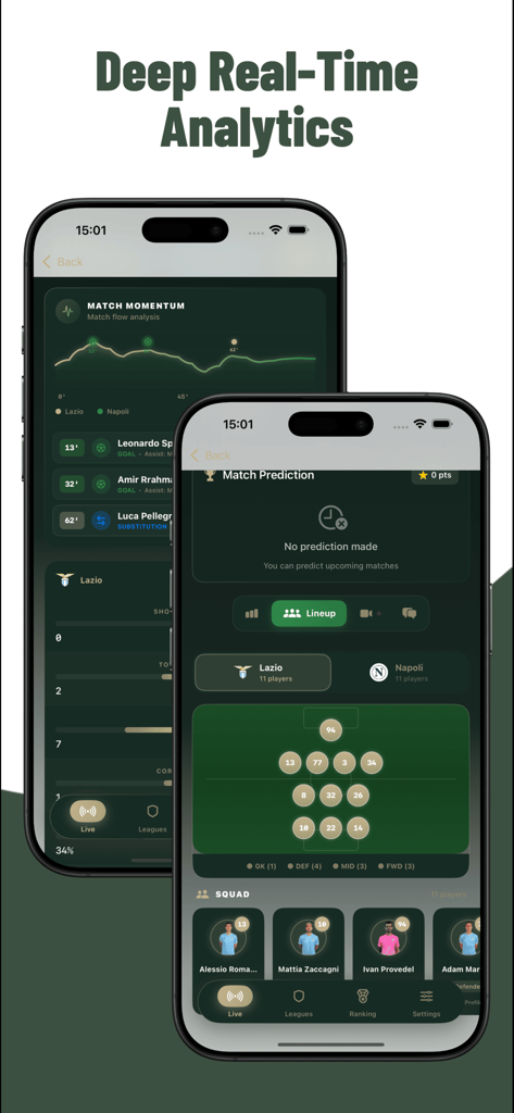 kuki football : Live Chat - Mobile app interface of kuki football showing real-time match momentum graph and detailed team lineup with player icons in dark mode.