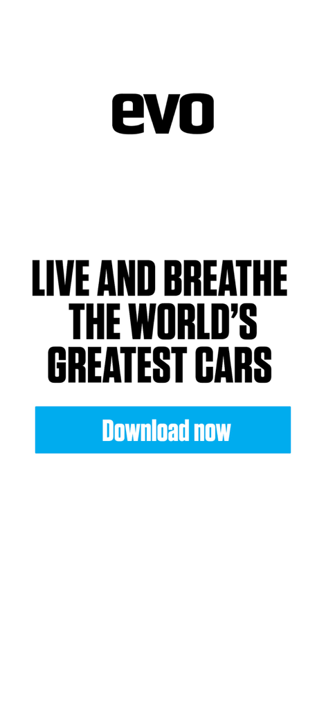 Evo Magazine app promotional screen with the slogan Live and breathe the worlds greatest cars and a blue download button