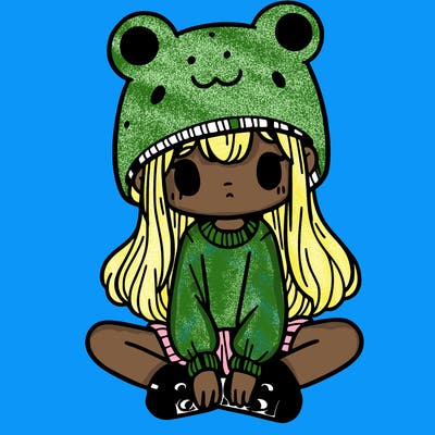 a girl wearing a frog hat and some frog socks