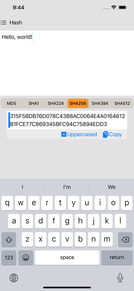 Programmer Calculator - Dev - Interfaz de generación de hash SHA256 en la aplicación Calculadora de Programador