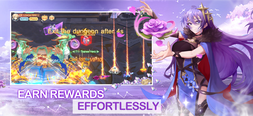 Anime character highlighting effortless rewards and dungeon loot in Sky Utopia mobile game