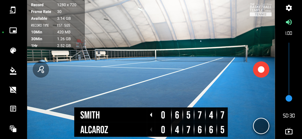 BT Tennis Camera app interface showing a live tennis court recording with a professional score overlay