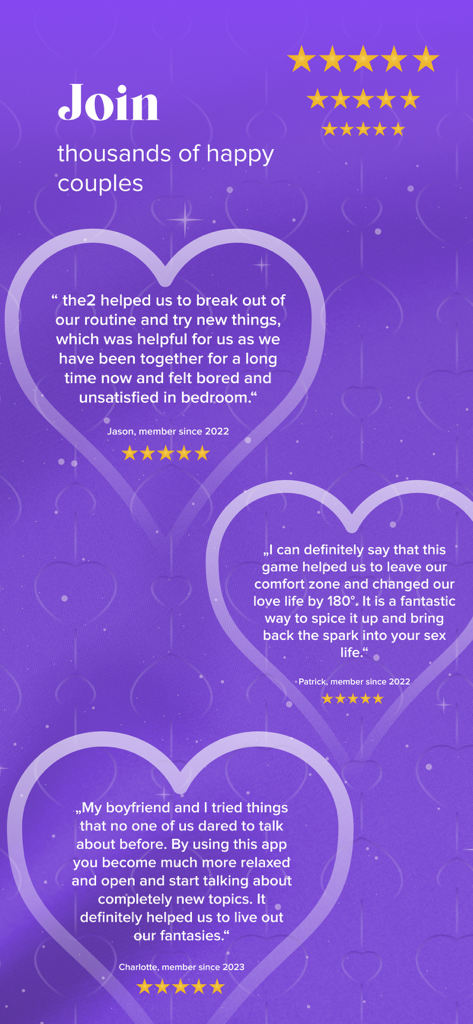 the2: Couple Games for Adults - Tres testimonios en forma de corazón de parejas felices sobre un fondo morado con calificaciones de cinco estrellas para la aplicación the2