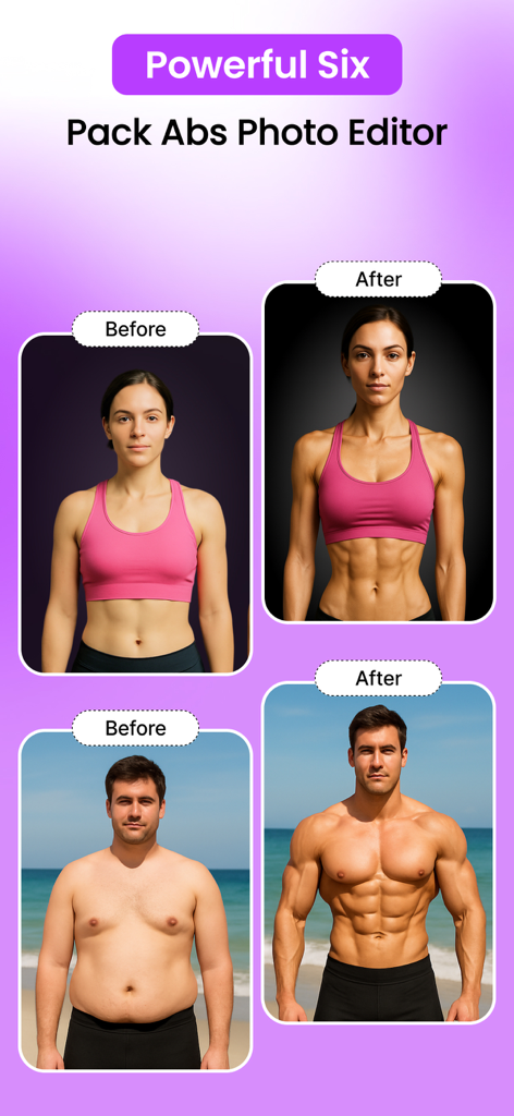 Body Editor AI: Hot, Slim Look - Comparación antes y después que muestra abdominales marcados y definición muscular generados por IA en una mujer y un hombre.