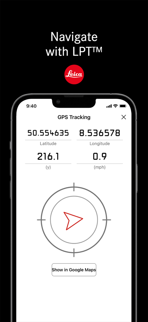 Leica Ballistics app screen displaying GPS tracking coordinates and a navigation compass for target location