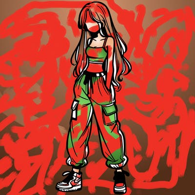 girl in baggy pants crop top and long hair