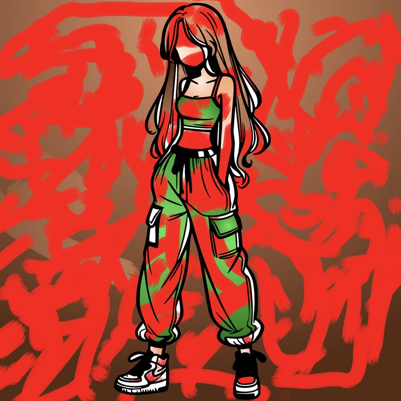 girl in baggy pants crop top and long hair