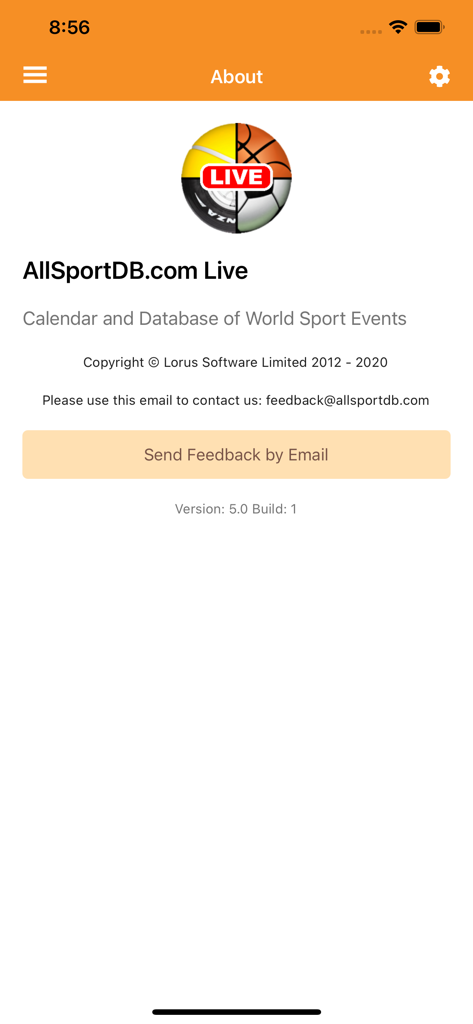 All Sport DB Live - アプリ情報と連絡先情報が掲載されたAll Sport DB Liveアプリの「アプリについて」画面。