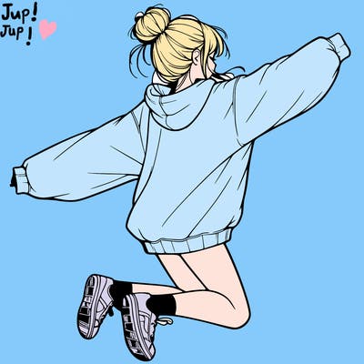 realistic girl jumping with a bun and oversized sweatshirt