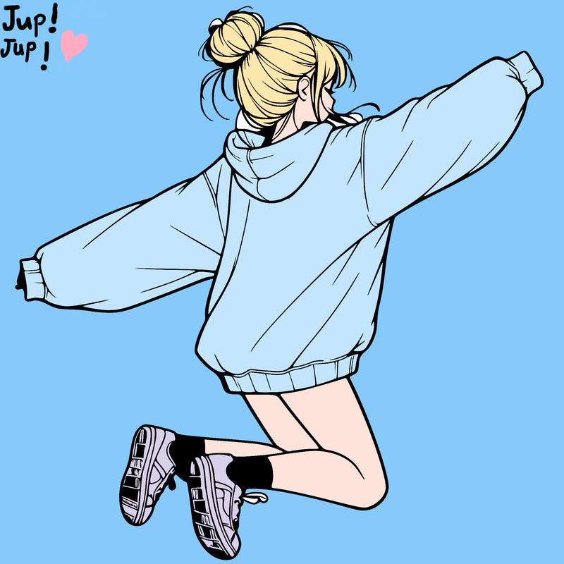 realistic girl jumping with a bun and oversized sweatshirt
