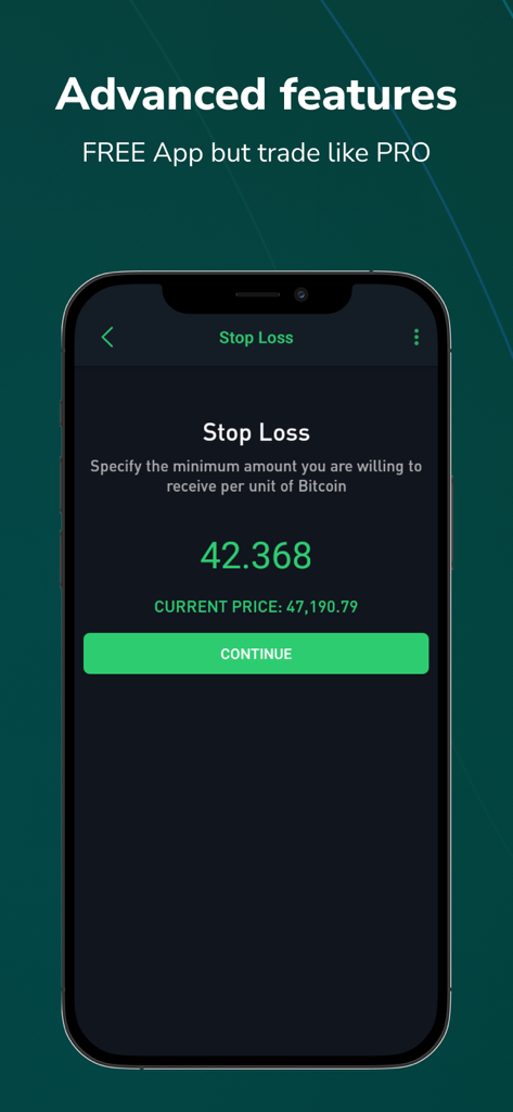 CryptoSim: Market Simulator - Mobile screen of CryptoSim app showing advanced stop loss trading options for Bitcoin
